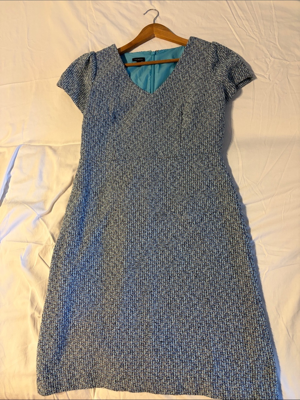 Talbots Blue Tweed Midi Sheath Dress with Cap Sleeves